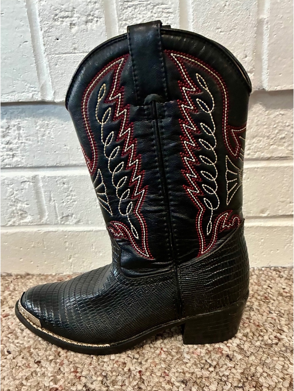Durango Black Lizard Print Western Cowboy Boots Metal Toe Tips Size 12.5D Kids